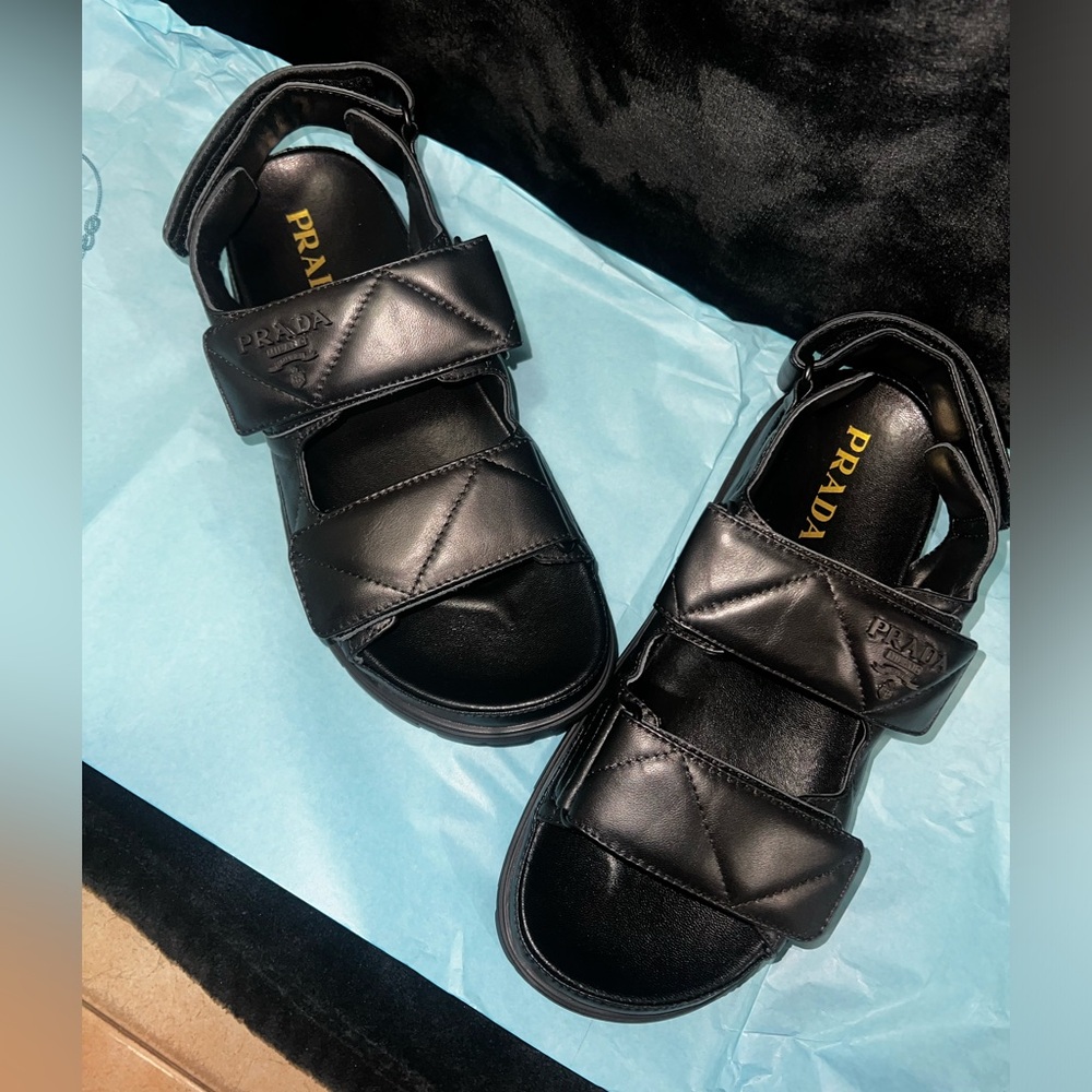 Prada Padded Nappa Quilted Leather Slingback Sporty Sandals Black